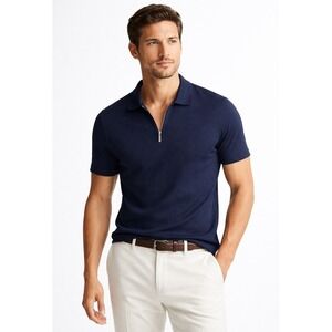 Reiss Jack Polo Shirt Mens Small Navy Blue Chevron Knit Quarter Zip Short Sleeve